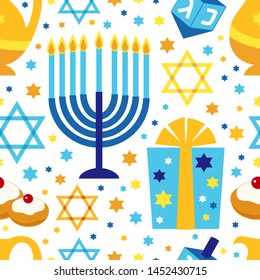 Cute Happy Hanukkah, Festival of Lights seamless pattern background with Jewish symbols as dreidel toys, latke doughnuts, menorah candle holder, David stars in flat style