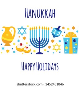 Cute Happy Hanukkah, Festival of Lights background for greeting card, invitation, banner with Jewish symbols as dreidel toys, latke doughnuts, menorah candle holder, David stars in flat style