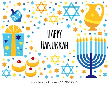 Cute Happy Hanukkah, Festival of Lights frame background for greeting card, invitation, banner with Jewish symbols as dreidel toys, latke doughnuts, menorah candle holder, David stars in flat style