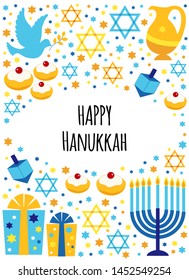 Cute Happy Hanukkah, Festival of Lights frame background for greeting card, invitation, banner with Jewish symbols as dreidel toys, latke doughnuts, menorah candle holder, David stars in flat style