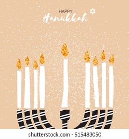 Cute Happy Hanukkah Greeting card with gold glitter elements.