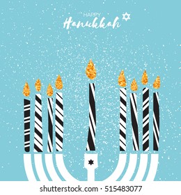 Cute Happy Hanukkah Greeting card with gold glitter elements.