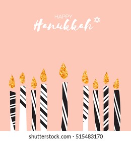 Cute Happy Hanukkah Greeting card with gold glitter elements.