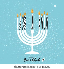 Cute Happy Hanukkah Greeting card with gold glitter elements.