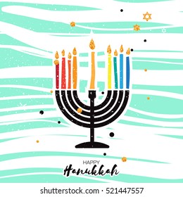 Cute Happy Hanukkah Greeting card. Jewish holiday with menorah