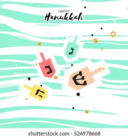 Cute Happy Hanukkah Greeting card. Jewish holiday with traditional dreidels