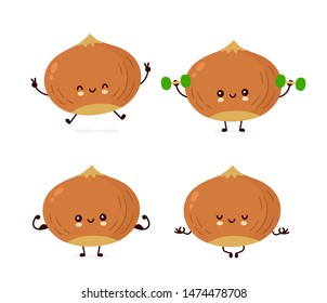 Cute happy hazelnut make fitness,yoga,gym set collection. Vector flat cartoon character illustration icon design. Isolated on white background