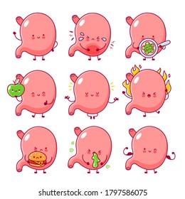 Cute happy healthy and sad unhealthy funny stomach organ set colllection. Vector flat line cartoon kawaii character illustration icon. Isolated on white background. Stomach bundle concept