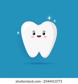 Cute happy healthy tooth. Cartoon smiling character tooth. Dental care, whitening, teeth protection and oral hygiene design. Flat illustration isolated on blue background.