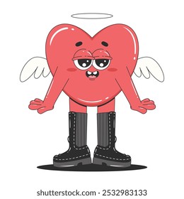 Cute happy heart character with angel wings. Groovy retro 60s 70s cartoon style. Happy Valentines day. Isolated vector illustration.