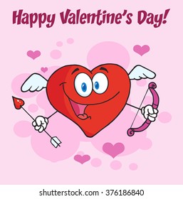 Cute Happy Heart Cupid With A Bow And Arrow. Vector Illustration Greeting Card