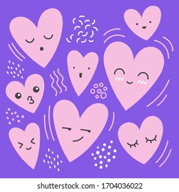 Cute happy heart emoticons.Hand drawing vector illustration. Trendy style pattern card characters.