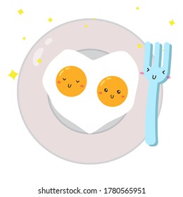 cute happy heart shaped fried egg and fork on plate characters vector design, can be use to make poster