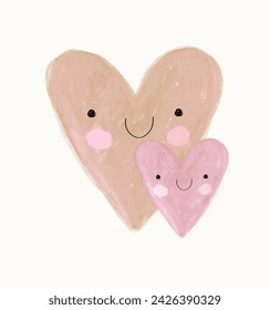 Cute Happy Hearts. Lovely Hand Drawn Vector Illustration with Happy Smiling Hearts on a White Background. Childish Drawing-like Nursery Art. Sweet Valentine Card. Kids' Room Decoration. RGB. No text.