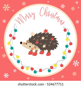 Cute Happy Hedgehog with color light bulbs garland on red background for Merry Christmas greetings card design. 