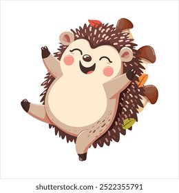 Cute and happy hedgehog with mushrooms and leaves on his back enjoys autumn. Cartoon character on white background. Vector illustration in flat style