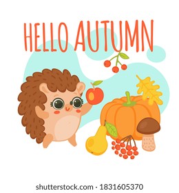 Cute happy hedgehog running to fruits and vegetables saying hello to autumn. Little animal with round eyes, flat cartoon vector illustration isolated white background