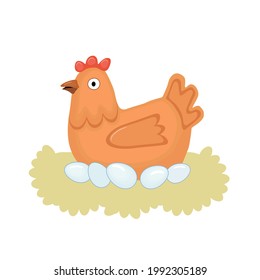 Cute Happy Hen Sitting On Her Eggs In Straw Nest. Cartoon Vector Illustration Isolated On White Background. Can Be Used For Farming, Aviculture Business.