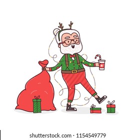 Cute happy hipster Santa Claus character holding cacao or coffee cup and bag of gifts. Holiday adorable cartoon illustration for your Christmas design.