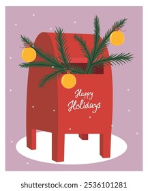 Cute Happy Holidays Illustration with MailBox at Brunch,Decorations