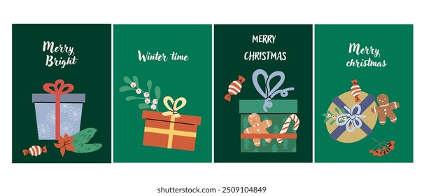 Cute Happy Holidays Xmas vertical cards set. Greeting card or banner with festive elements, cartoon characters. Decorative background for story or social media post. Christmas Hand drawn flat illustra