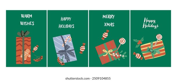 Cute Happy Holidays Xmas vertical cards set. Greeting card or banner with festive elements, cartoon characters. Decorative background for story or social media post. Christmas Hand drawn flat illustra