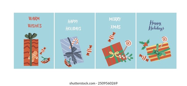 Cute Happy Holidays Xmas vertical cards set. Greeting card or banner with festive elements, cartoon characters. Decorative background for story or social media post. Christmas Hand drawn flat illustra