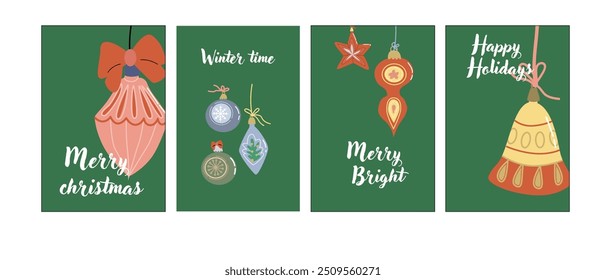 Cute Happy Holidays Xmas vertical cards set. Greeting card or banner with festive elements, cartoon characters. Decorative background for story or social media post. Christmas Hand drawn flat illustra