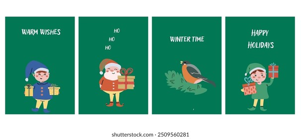 Cute Happy Holidays Xmas vertical cards set. Greeting card or banner with festive elements, cartoon characters. Decorative background for story or social media post. Christmas Hand drawn flat illustra