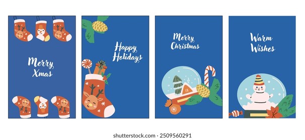 Cute Happy Holidays Xmas vertical cards set. Greeting card or banner with festive elements, cartoon characters. Decorative background for story or social media post. Christmas Hand drawn flat illustra