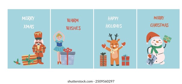 Cute Happy Holidays Xmas vertical cards set. Greeting card or banner with festive elements, cartoon characters. Decorative background for story or social media post. Christmas Hand drawn flat illustra