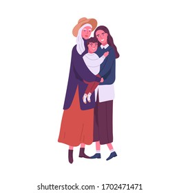 Cute happy homosexual family with child isolated on white background. Smiling lesbian couple with kid hugging. Lgbt family relationships, parenting.  Vector illustration in flat cartoon style