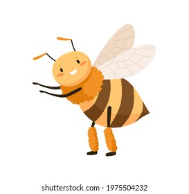 Cute happy honey bee dancing and pointing at smth with small paws. Funny adorable smiling honeybee. Cheerful bumblebee or wasp. Childish colored flat vector illustration isolated on white background