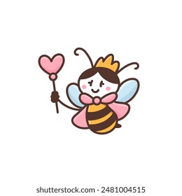 Abeja dulce feliz con varita mágica. Divertida reina de abejas sonriente. Caricatura de abejorro o avispa kawaii. Ilustración vectorial de color aislado sobre fondo blanco