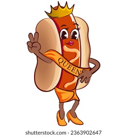 cute happy hot dog beauty queen mascot with crown and winner shawl. Isolated vector flat cartoon character illustration design