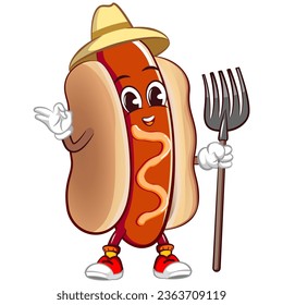 cute happy hot dog farmer mascot carrying fork shovel giving okay sign. Isolated vector flat cartoon character illustration design