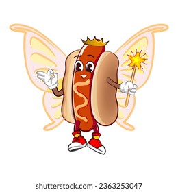 cute happy hot dog flying fairy mascot with butterfly wings, crowned and carrying a magic wand. Isolated vector flat cartoon character illustration design