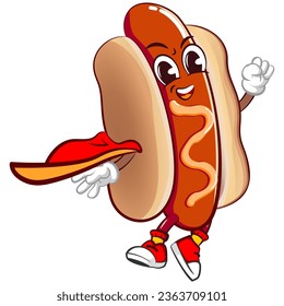 cute happy hot dog flying superhero mascot with cape. Isolated vector flat cartoon character illustration design