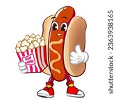 cute happy hot dog mascot brings popcorn while giving thumbs up. Isolated vector flat cartoon character illustration design