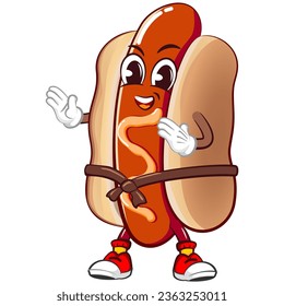 Cute happy hot dog mascot practicing martial arts by wearing a karate belt. Isolated vector flat cartoon character illustration design