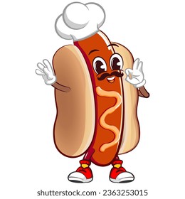 cute happy hot dog mascot mustachioed chef wearing hat giving delicious sign. Isolated vector flat cartoon character illustration design