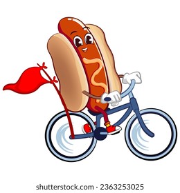 cute happy hot dog mascot relaxing cycling. Isolated vector flat cartoon character illustration design