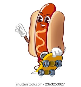 cute happy hot dog mascot playing skateboard sliding. Isolated vector flat cartoon character illustration design