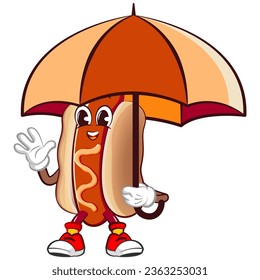 cute happy hot dog mascot with umbrella. Isolated vector flat cartoon character illustration design