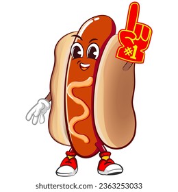 Cute happy hot dog mascot raising foam finger excitedly. Isolated vector flat cartoon character illustration design