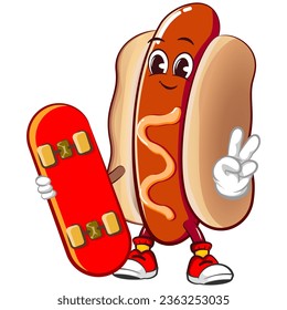 cute happy hot dog mascot carrying skateboard while showing peace sign. Isolated vector flat cartoon character illustration design