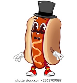 cute happy hot dog mascot vintage style mustache wearing long hat and bow tie. Isolated vector flat cartoon character illustration design