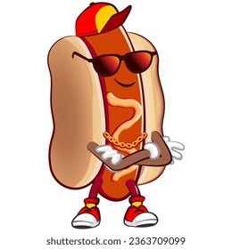 Cute happy hot dog mascot in hip-hop style wearing a hat, sunglasses and a gold chain necklace. Isolated vector flat cartoon character illustration design