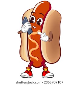 cute happy hot dog mascot is calling with mobile phone. Isolated vector flat cartoon character illustration design