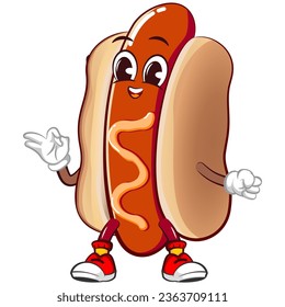 cute happy hot dog mascot giving okay sign. Isolated vector flat cartoon character illustration design